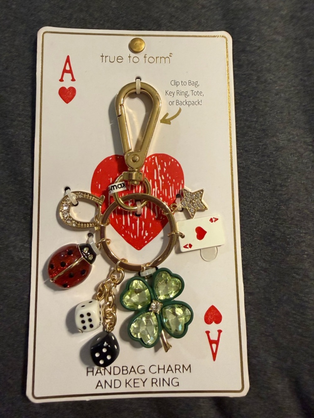 true to form Gold Four-Leaf Clover & Charm Keyring - Green Gems